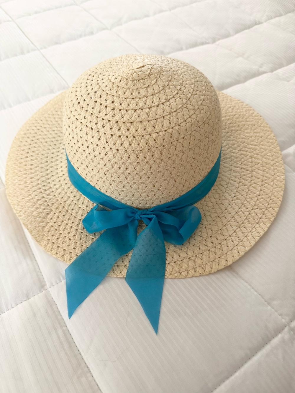 Natural Color Straw Wide-Brim Floppy Sun Hat with Turquoise Ribbon Bow, NWOT